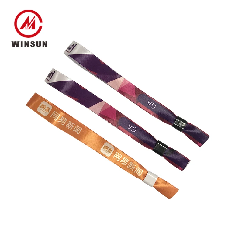 
Plastic Closure Polyester Textile Cloth Wristband, Custom Fabric Woven Hand Band, Full Color Satin Active Wristband 