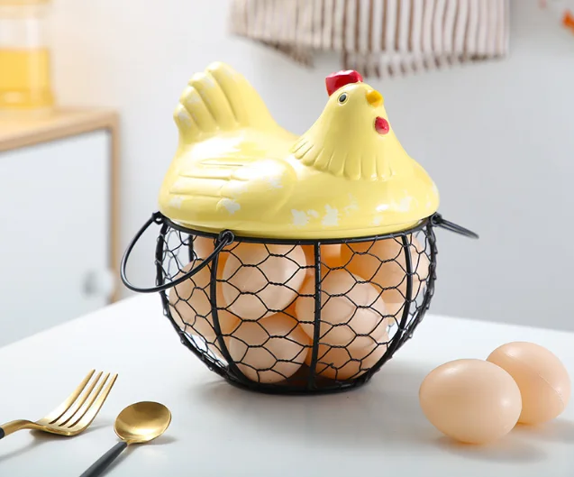 Egg Holder Iron Chicken Shape Ceramic Hen Ornament Fruit Storage Basket Durable Egg Storage Basket