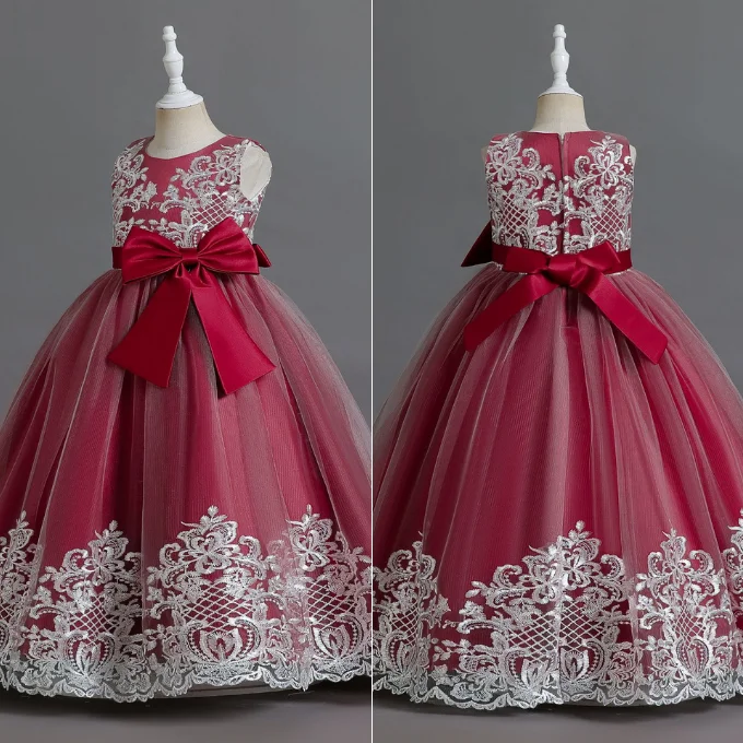 Elegant Cute Kids Dress Mesh Lace Embroidery Performance Princess Dress Bow Wedding Flower Girl Tulle Party Dress Girls