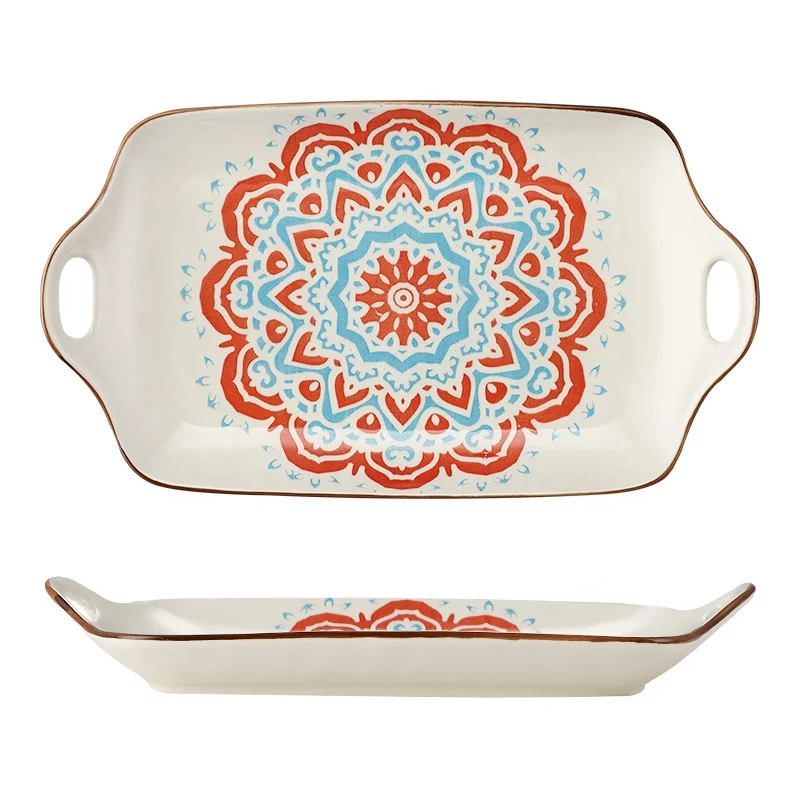 Bohemian Luxury Plate Good Quality Ceramic Plate Dinnerware Rectangle Ceramic Plate With 2 Handles