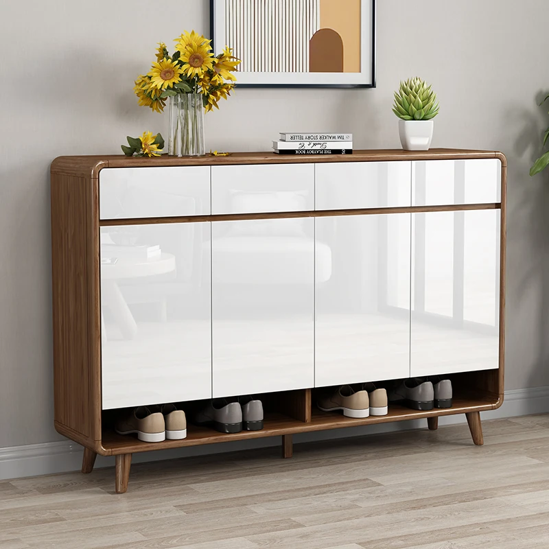 Modern light luxury shoe storage cabinet multifunctional solid wood shoe rack living room Wooden shoe rack with door cabinet