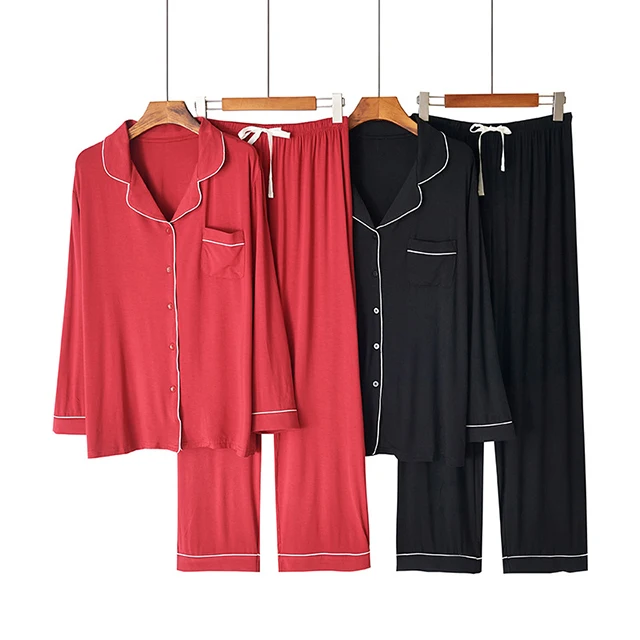 plain dyed knitted bamboo pajama set for women