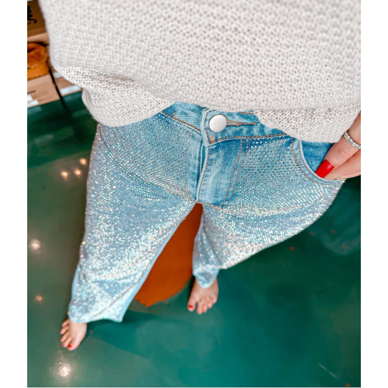 Womens High Rise Glitter Blue Denim Pants Rhinestone Embellished Slim Fit Jeans Front Sparkly Rhinestones Stud Jeans