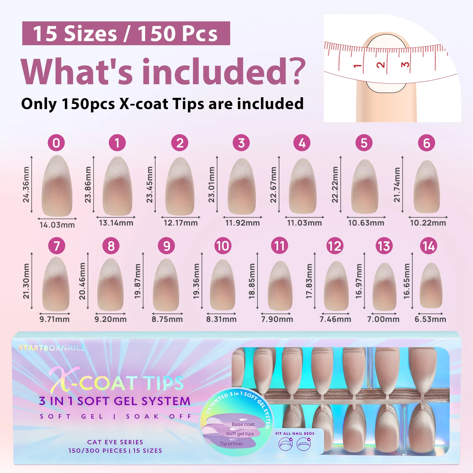 BTArtbox 150pcs Luxury Cat Eye Matte Gel X-Coat Tips Medium Almond Nail Tips Fade Press On Fake Nails Supplies