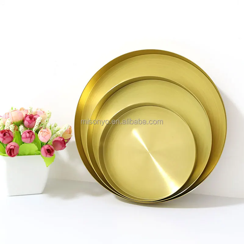 Restaurants Gold Stainless Steel Plate Metal Storage Serving Tray Round Mut Sizes Decoration Dish Circular Fruit Plates
