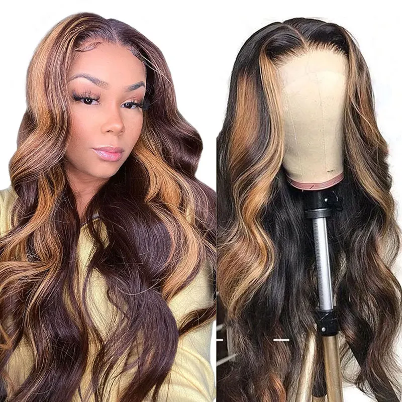 Body Wave Blonde Highlight Lace Wig Highlighted Human Hair Lace Wigs Bodywave Brown Highlights Middle Lace Closure Frontal Wig