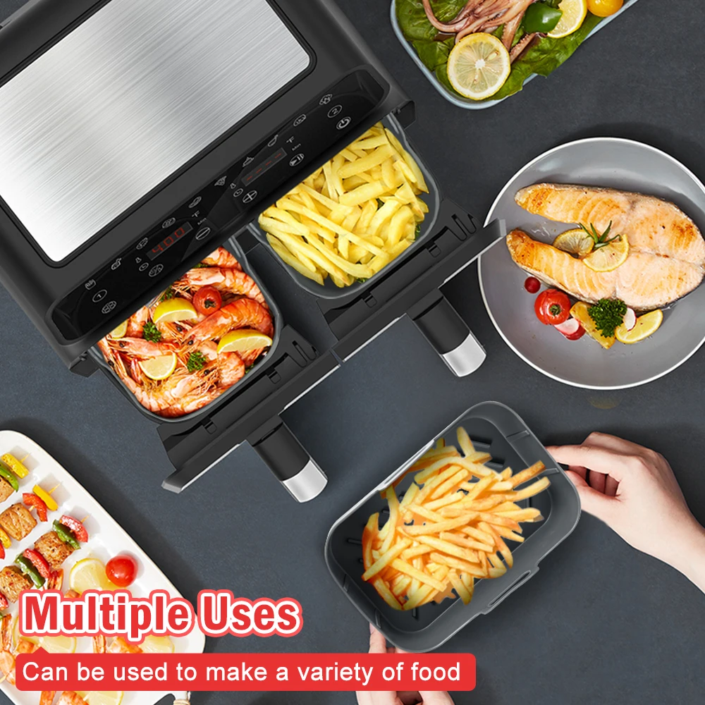 Custom Logo and Color Silicone Air Fryer Liner 2 Pack Non Stick Rectangle Dual Pot Basket Baking Tray
