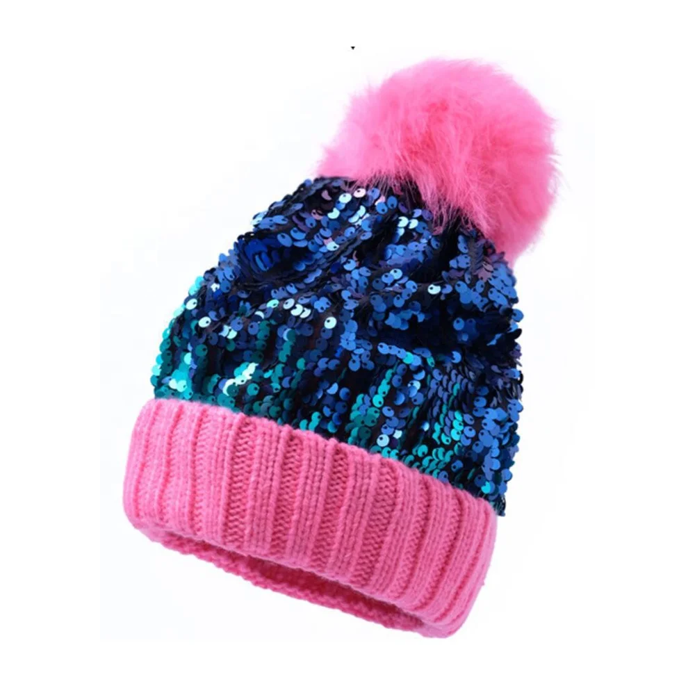Custom Womens Beanie Hat Spangle Bling Knit Winter Beanie Women Pom Pom Bobble Hat Winter Hats For Women Beanie