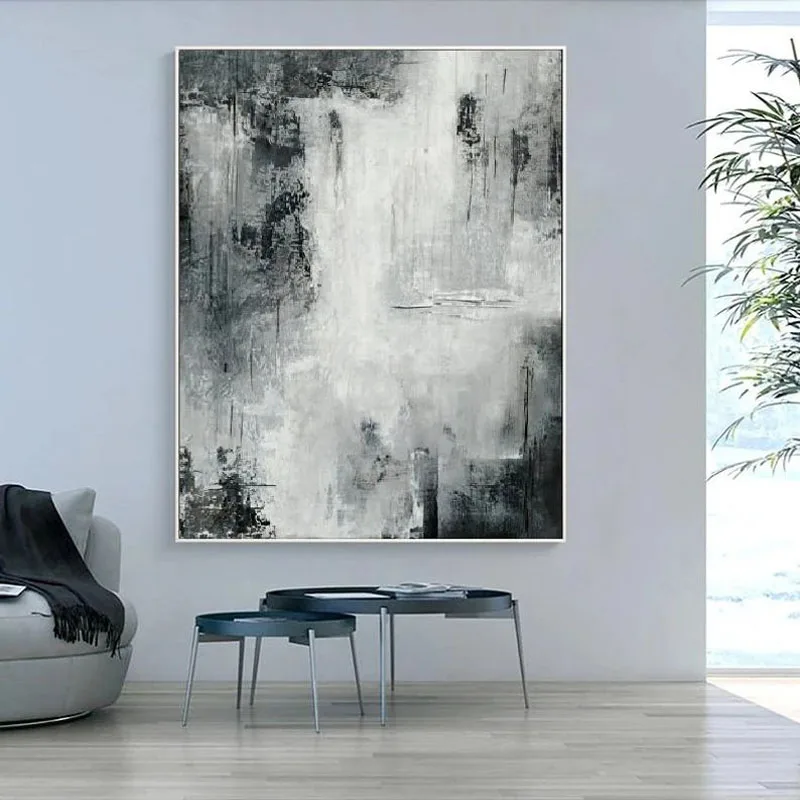 Home Living Room Decor Modern Large Abstract Landscape Wall Art Handmade Large Hand Painted Wall Art Black and White Oil HUIMIAO