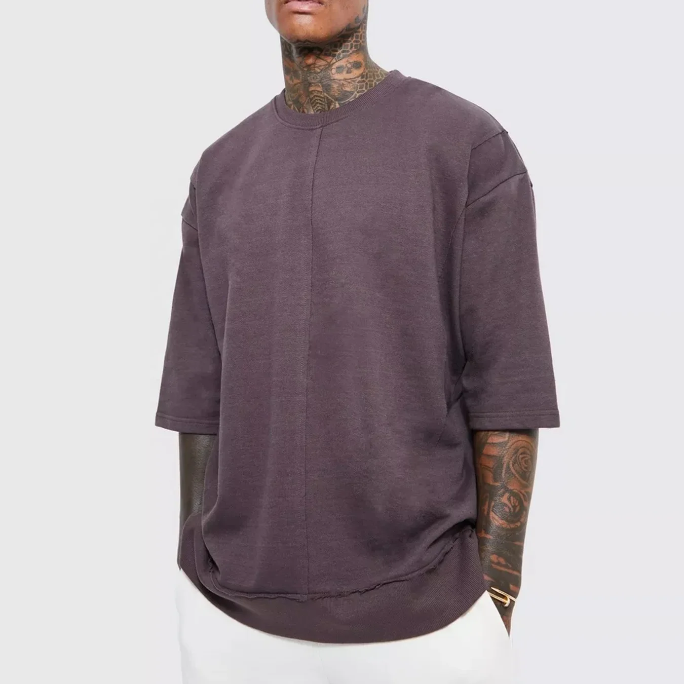 Wholesale Custom t shirt with logo print new design oversized heavyweight raw seam sweatshirt gym sport t shirt for men