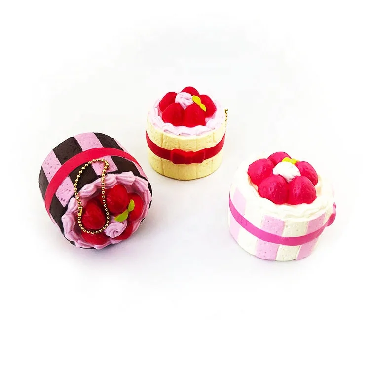 
Wholesale PU foam strawberry cake food cafe de n squishy frog slow rising toys for kids. 