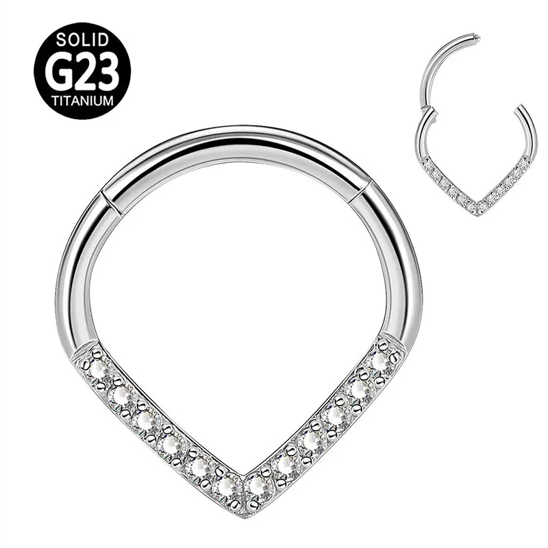 ASTM F136 G23 Titanium Piercing Jewelry Heart Shape with Cubic Zircon Segment Nose Ring Hoop Earring