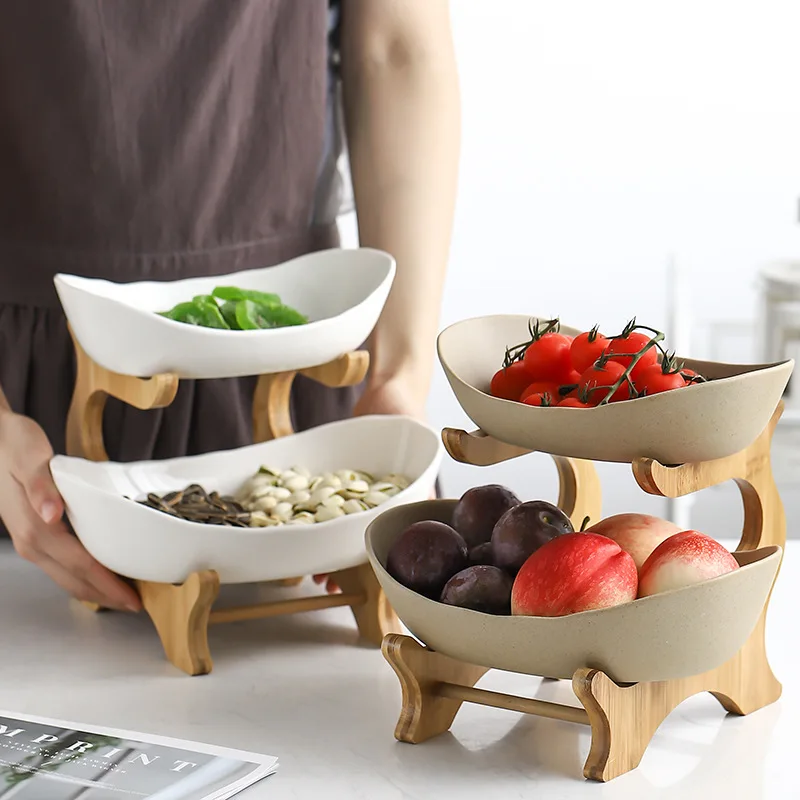
Wholesale Creative Double Deck Food Container Dish 2 Layers Pottery Ceramic Plate for Salad Vegetable Fruits with Bamboo Rack 