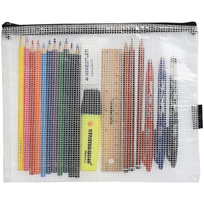 Custom Logo Print Single Clear Zipper PVC Mesh Pencil Case Bags Transparent Vinyl Pencil Case For Office Student