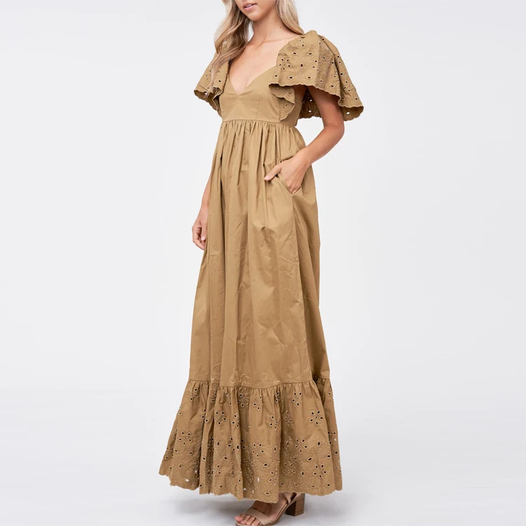 Flutter Sleeve Poplin Maxi Dress Eyelet Detail Ladies Fashion Cotton V-neck Vacation Casual Dresses