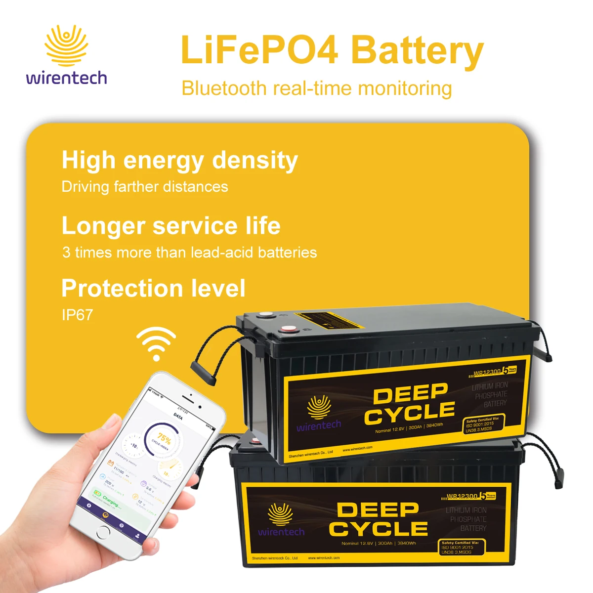 Wirentech 12V 300Ah 400Ah Lithium Ion Battery Lifepo4 Deep Cycle Home RV Truck Use BMS Protection IP65 plastic case