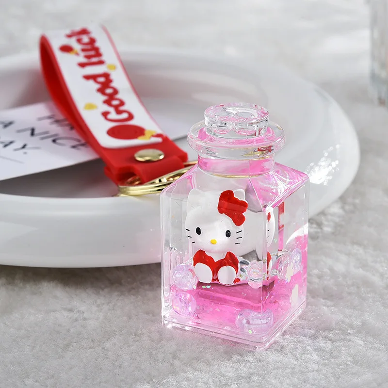 Cartoon KT cat Liquid milk tea cup keychain cute  keychain kawaii girl bag pendant acrylic quicksand car key chain