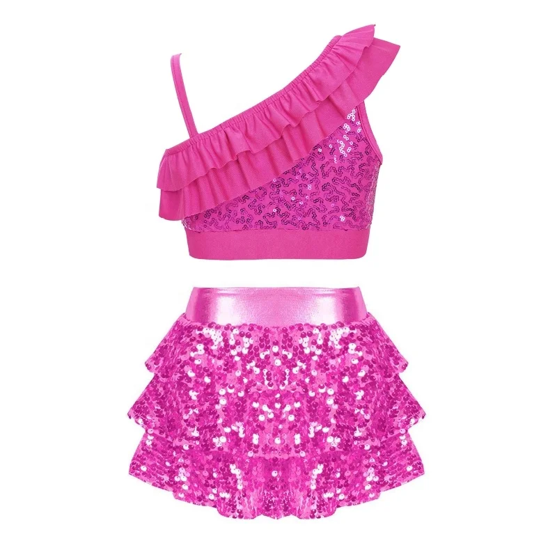 6-14 Contemporary Kids Latin Performance Wear Dance Outfit Sequins Ruffle Skirted Shorts Girls Stage Dance Wear