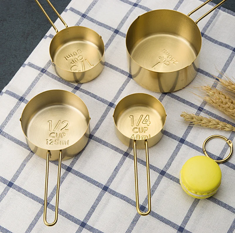 Gold Stainless Steel Measuring Cups and Spoons Set 4 Pieces Engraved Measurements Measuring Cup & Spoon