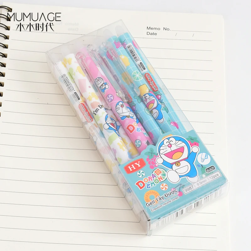 Erasable Neutral Gel Pens Fine Medal Point 0.5mm 12pcs in Small Box Blue $ Black Cartoon Style High Capacity Gel Pens