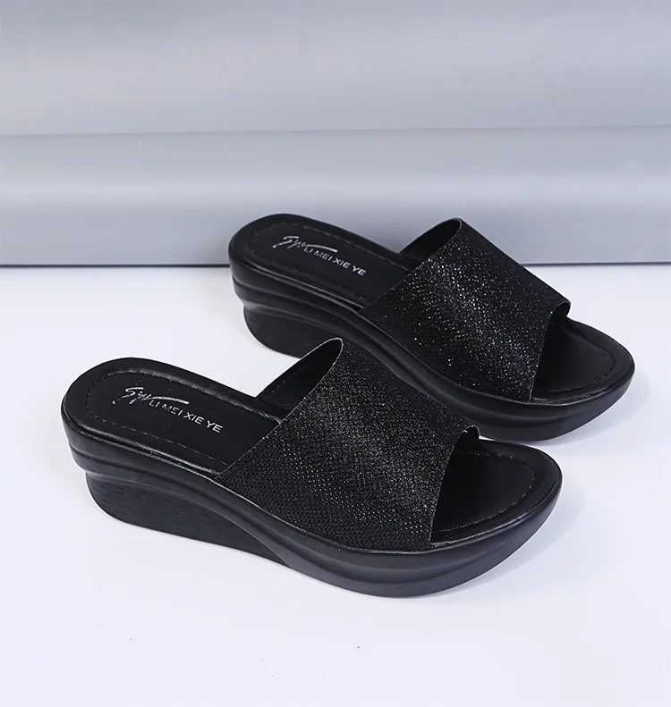 2022 Summer New Fashion Slippers For Women Sandals Thick Bottom Wedge Heel Sequins Womens Slippers