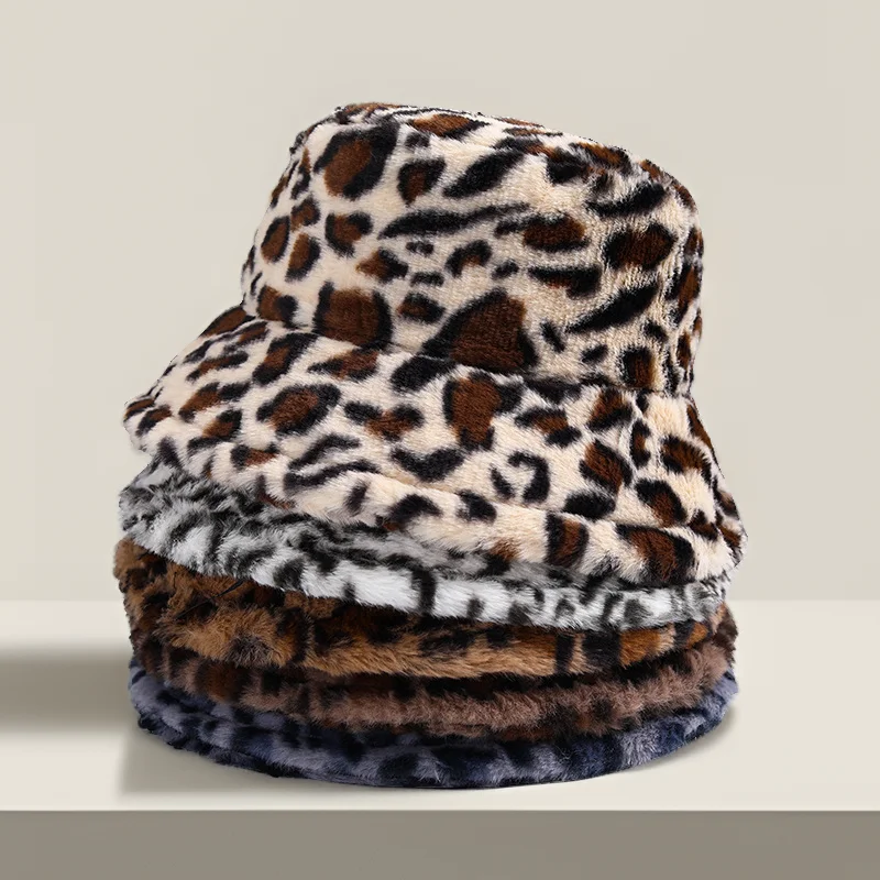 Custom men Women Colorful Leopard Printed Pattern Design Winter cap Thick Furry Plush Fisherman Bucket Hat
