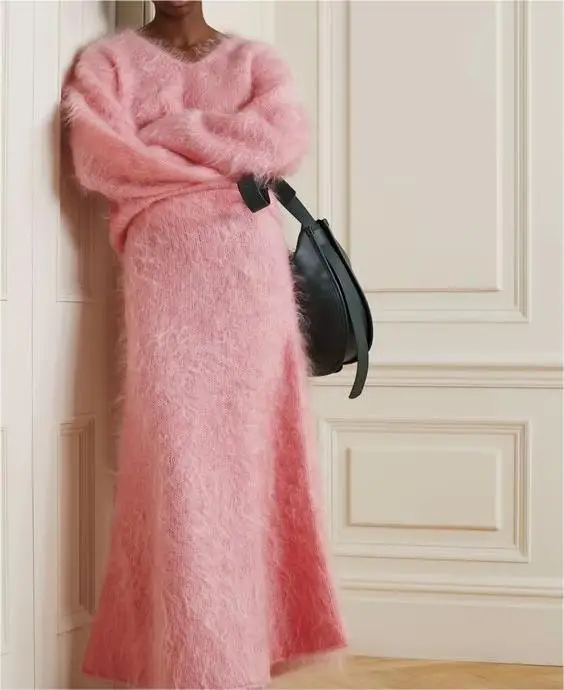 2024 Manufacturer Custom Fuzzy Mohair Skirt Set Knitwear Pink Ladies Midi Knit Brushed Wool Cashmere Dresses For Women
