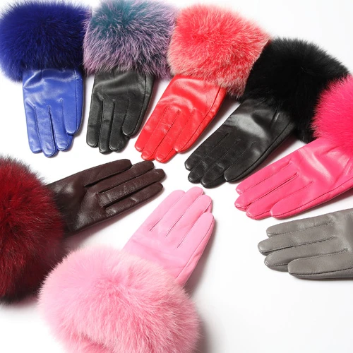 QIUCHEN QC21173 HOT SALE Fashion Winter Warm Genuine Sheepskin Motorcycle Leather Gloves With Real Fox Fur