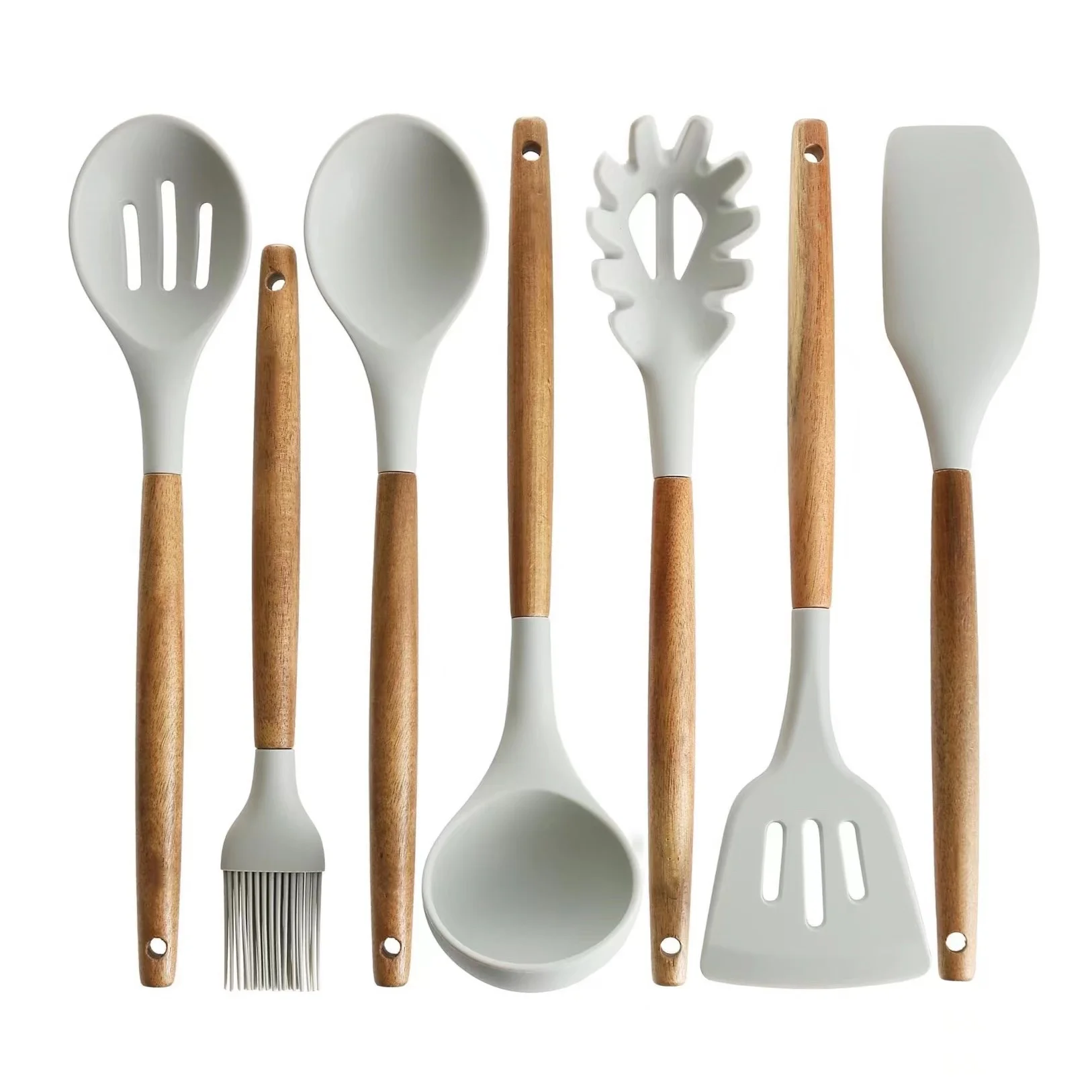 Heat Resistant Silicone Kitchen Tools Wooden Handle Mixing Cookware Kitchen Utensil Spatula Slotted Solid Spoon