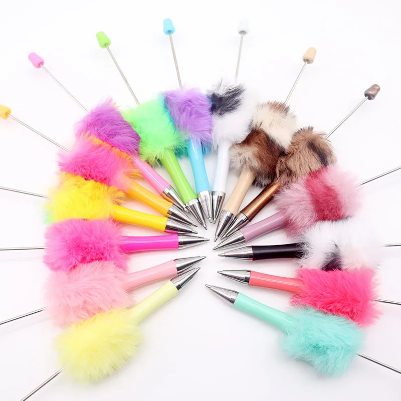 DIY colorful beadable pen  Cute Kawaii Pen Plush Fuzzy pompom as gift for girls and office Novelty pen
