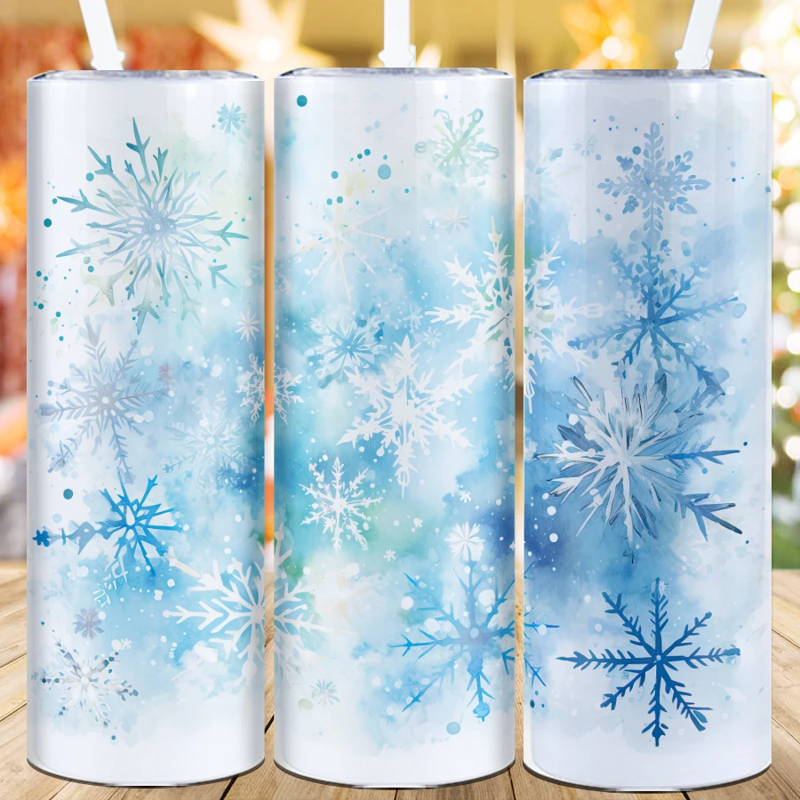 2024 Hot Ice crystal flower 3D Printed Christmas Cup Blue Snowflake 20 Oz Straight Tumbler Blue And Background Skinny Tumbler