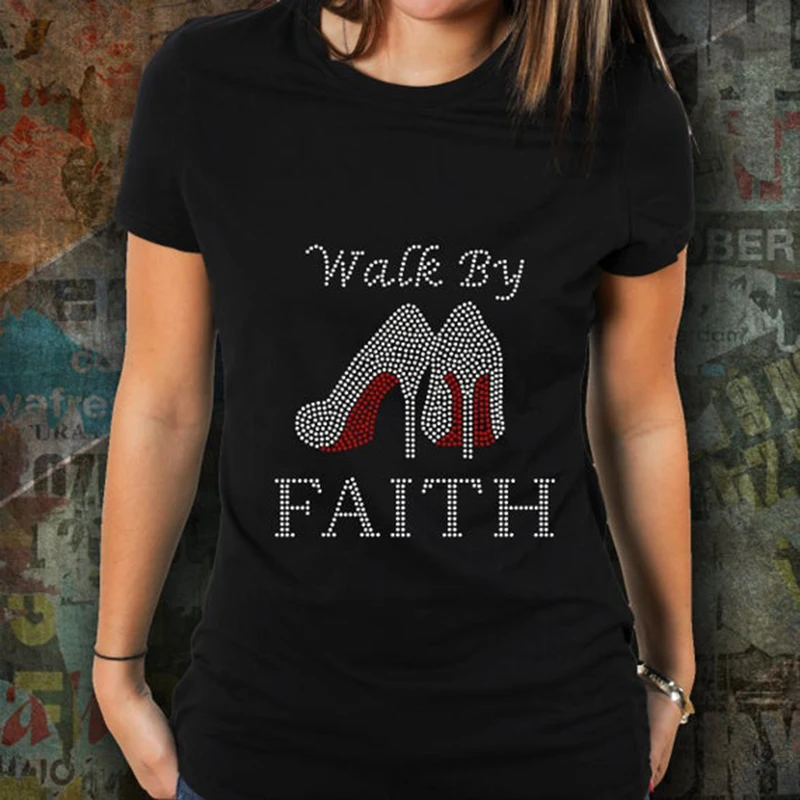 
Custom Walking by Faith Hotfix Rhinestone Heat Transfers Wholesale for T-shirts 