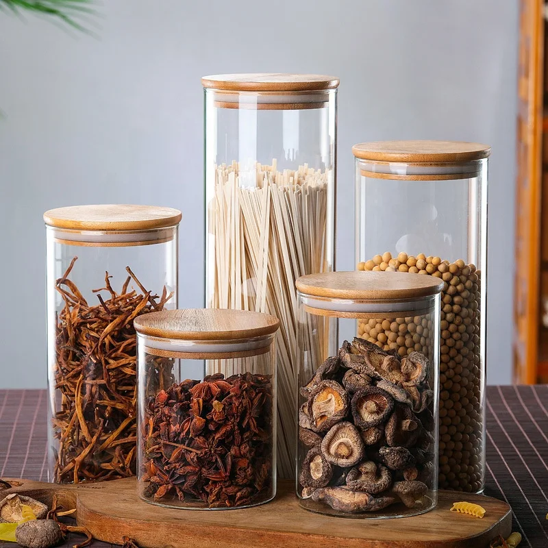 Round Airtight tea coffee sugar Glass Jar Kitchen Organizer Storage Bottles Sealed Glass Food Storage Jars with Bamboo Lids