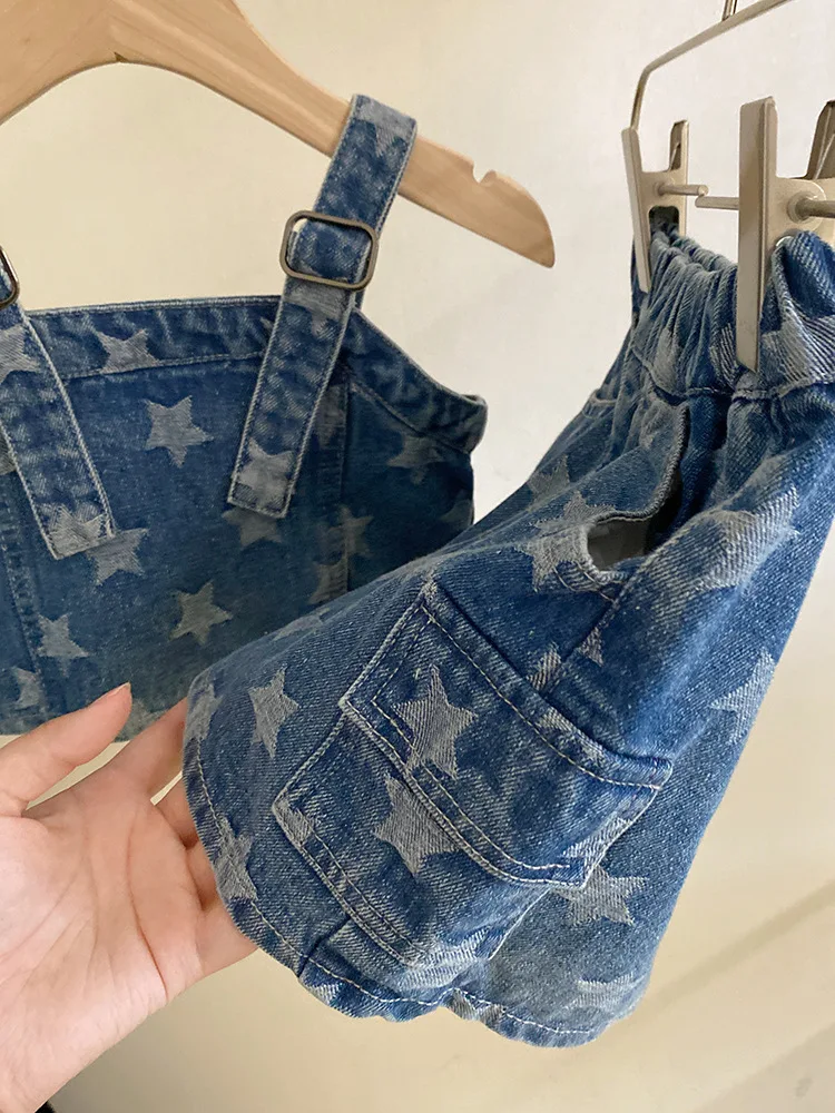 2024 New Summer Toddler Children Girl 2 pcs Sleeveless Outfit Set Cute Stars Print Crop Top + Skirt Denim Set 2-7 Years
