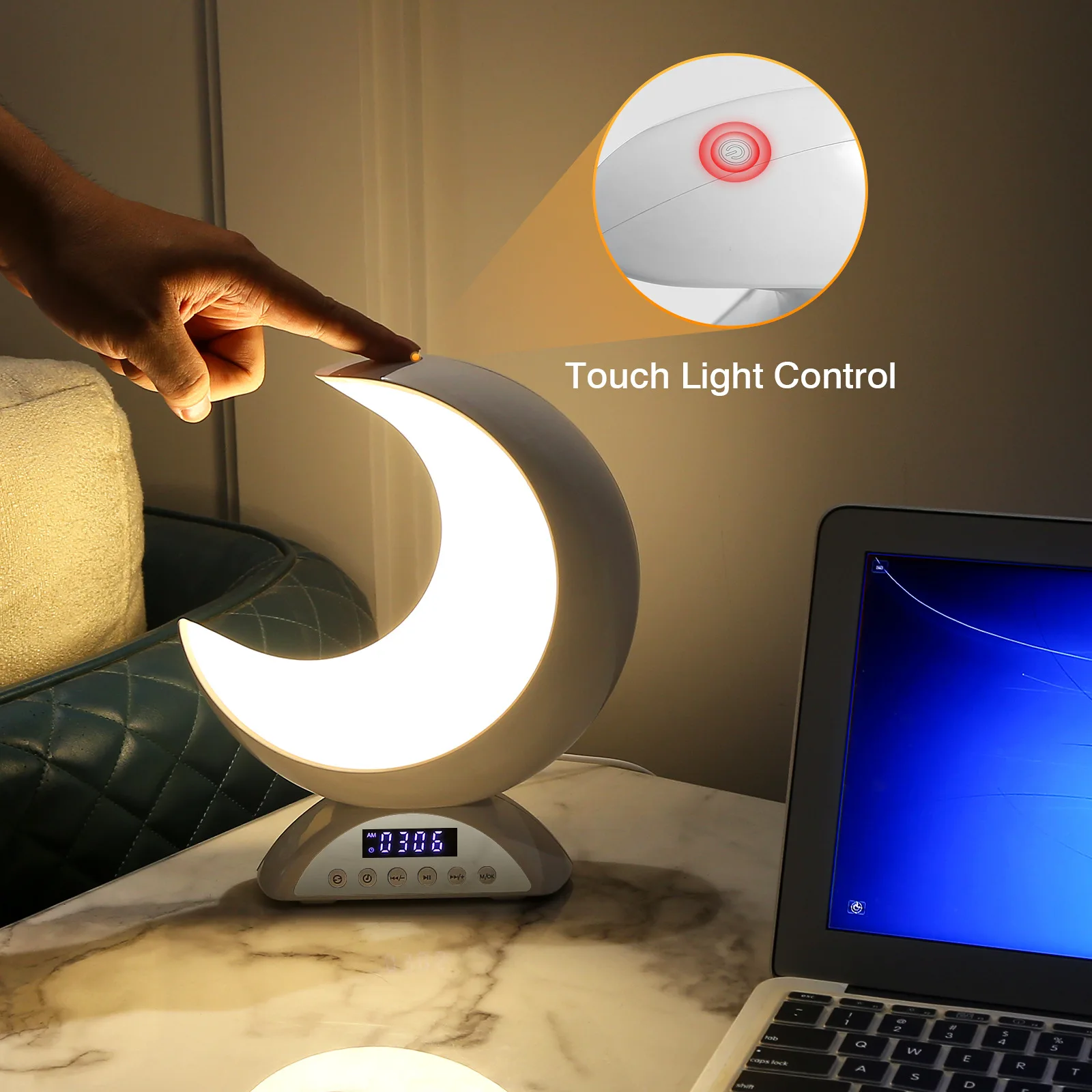 Hot Selling Smart RGB Color Changing Moon Shaped Alarm Clock BT Wireless Speaker Touch Control Table Clocks For Bedroom