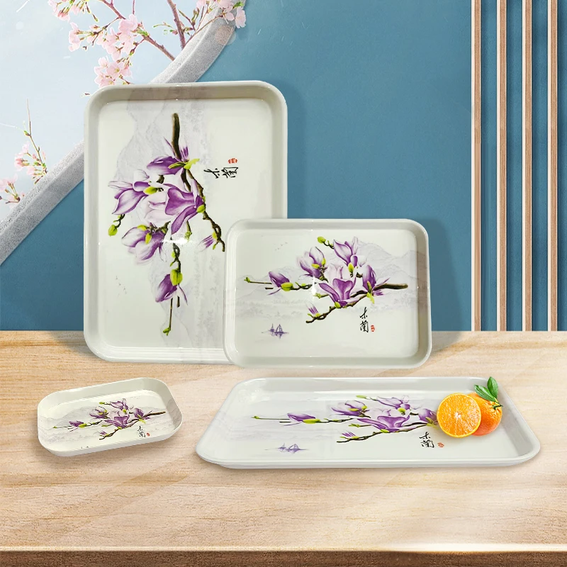 Factory Wholesale Flower Printed Rectangular Food Serving Tray Melamine Plastic Tray