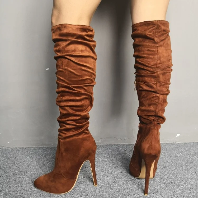 
Customized Big Size 47 Gradient Camel Brown Pleated Designed Women Knee High Boots Mid Calf Winter Boots Fashion 