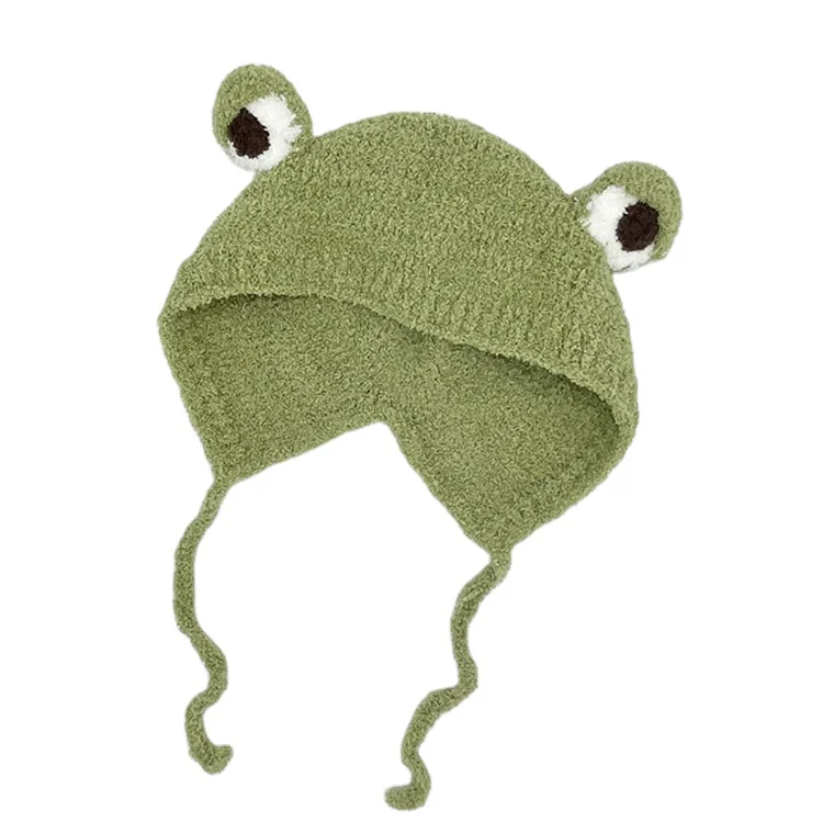 Милая мягкая плюшевая вязаная крючком зимняя шапка лягушка с большими глазами облегающая шапка для защиты ушей вязаная шапка для взрослых и детей