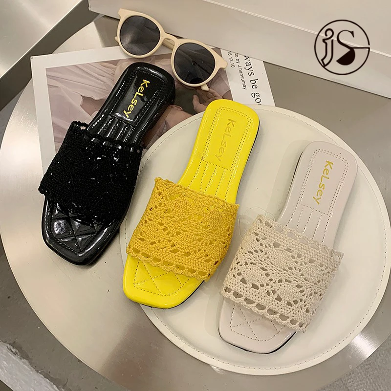 Woven exquisite knit summer slippers for ladies mesh women slides Bohemian ethnic style wholesale women slippers