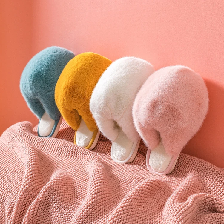 Women Fluffy Imitated Rabbit Fur Closed Toe Cute Cat Home Bedroom Fashion Fur Slides Slippers