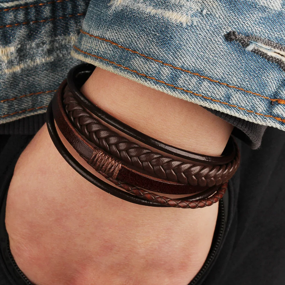 Wholesale leather Bracelet Men Leather Bracelet with Clasp Cowhide Multi-Layer Braided Leather Men Bracelet
