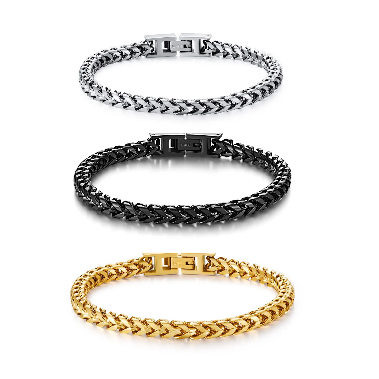 5MM Fold Over Clasp Stainless Steel Franco Chain Bracelet for Men