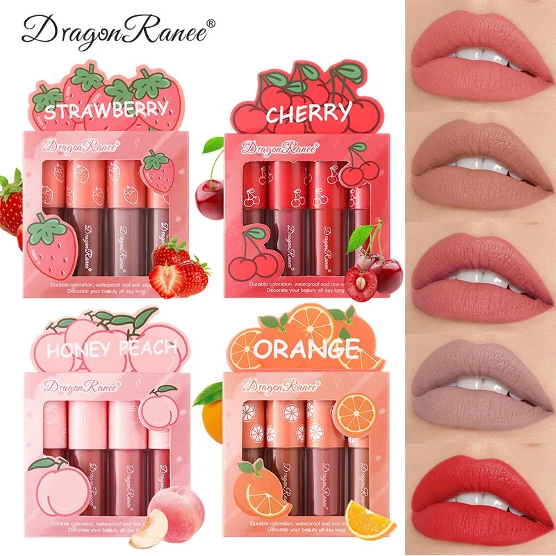 Mini  2.5g*4pcs Velvet matte lip gloss set fruit makeup lip gloss four mini set 4Pcs in a box lipstick