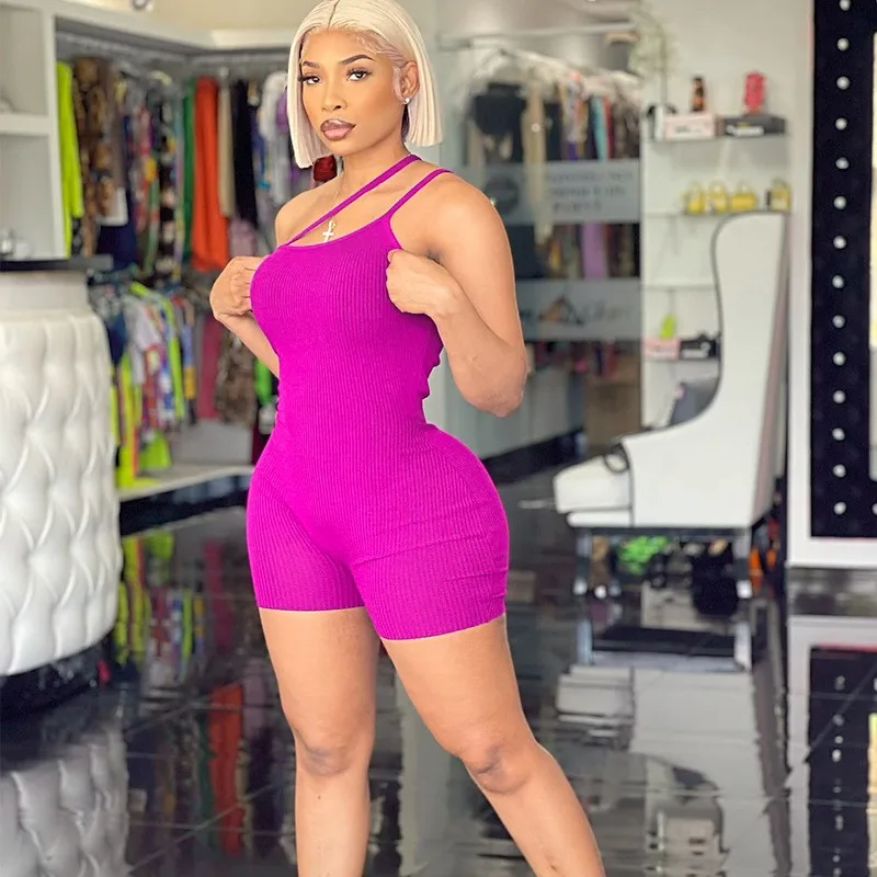 B27080 bandage fashion backless solid color one shoulder strap sleeveless bodycon rompers womens