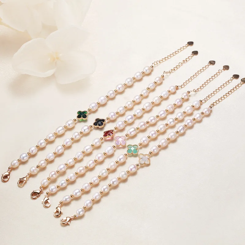 7-8MM Rice Fresh Water Pearl Beaded Bracelet Natural Stone Four Clover Charm Real Pearl Jewelry For Woman