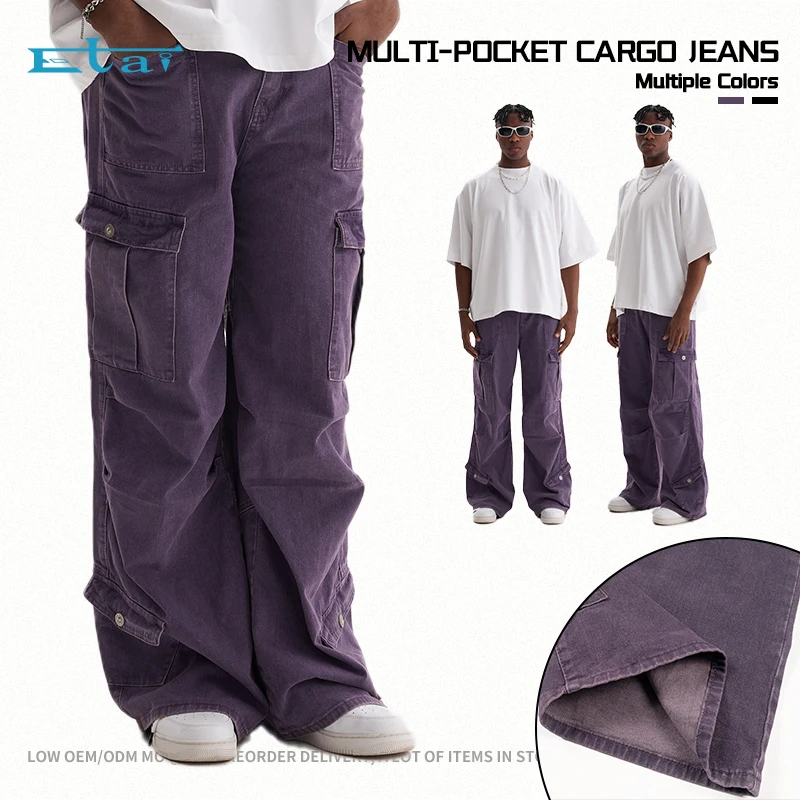 popular relaxed fit multi-pocket cargo jeans casual versatile baggy pants custom brands logo mens jeans