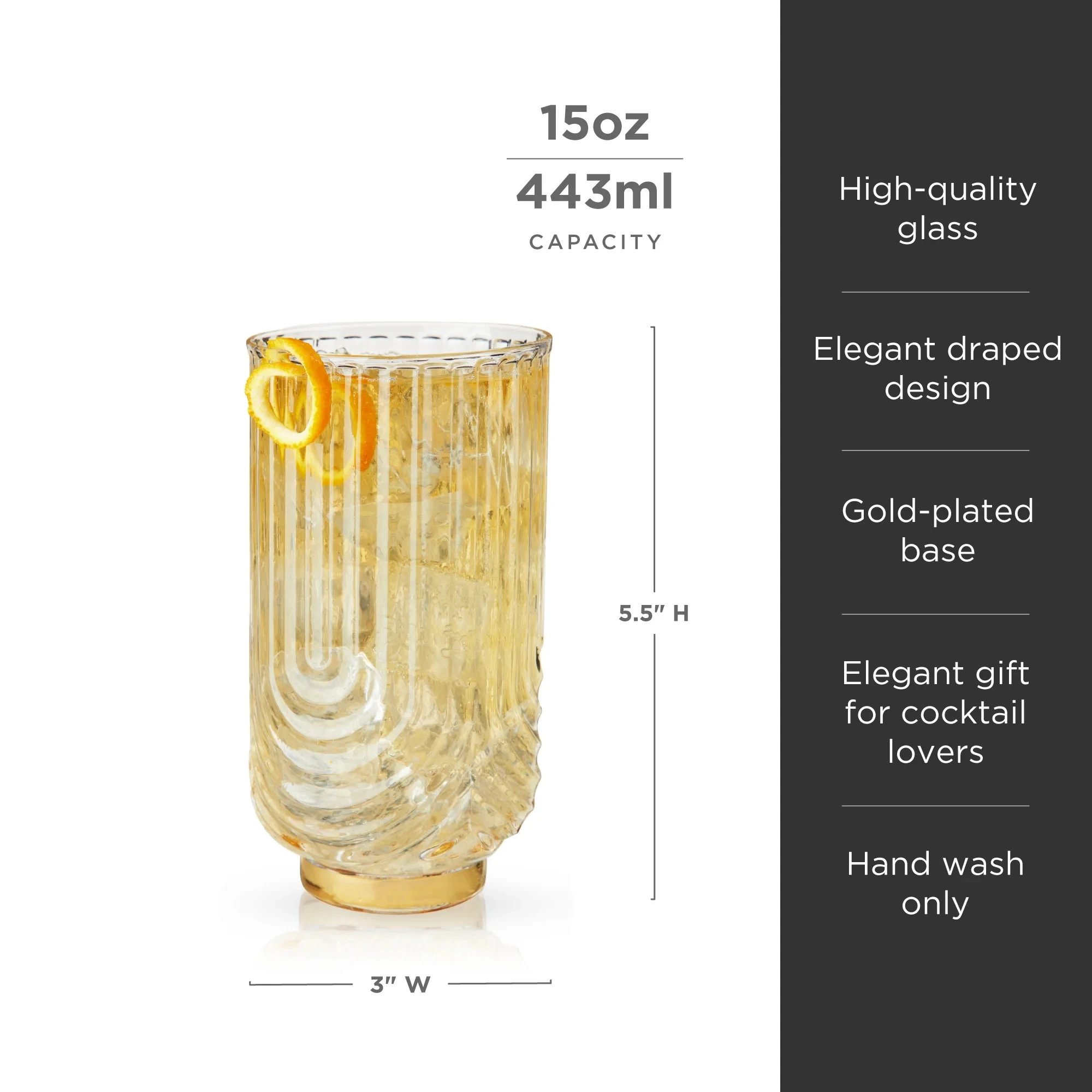 Hand Made 15Oz Old Fashioned U Shaped Unique Lead Free Crystal Whiskey Glass Highball Glass with Gold Electroplating Base