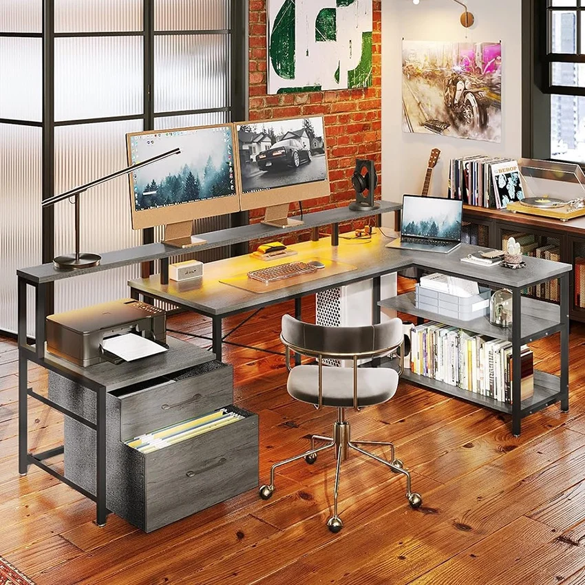 High Quality Wholesale Gaming Desks L Shaped With Led Lights Computer Desk Full-sized Monitor Shelf L Shaped Gaming Table