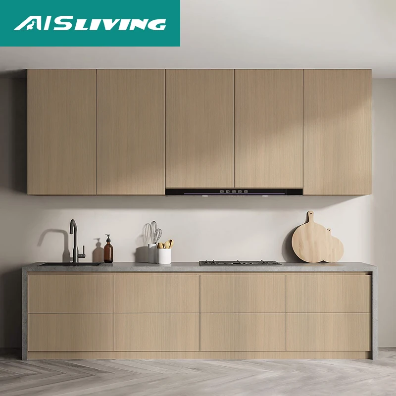 AIS Modern Latest Portable High Quality Furniture Readymade Small Apartment Modular Brown Melamine Wood Kitchen Cabinet Set