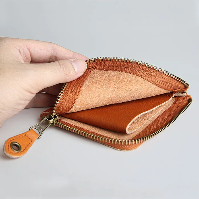 Vintage Handmade Genuine Leather Simple Cards Organize Wallet Small Coin Pouch Zipper Hand Purse